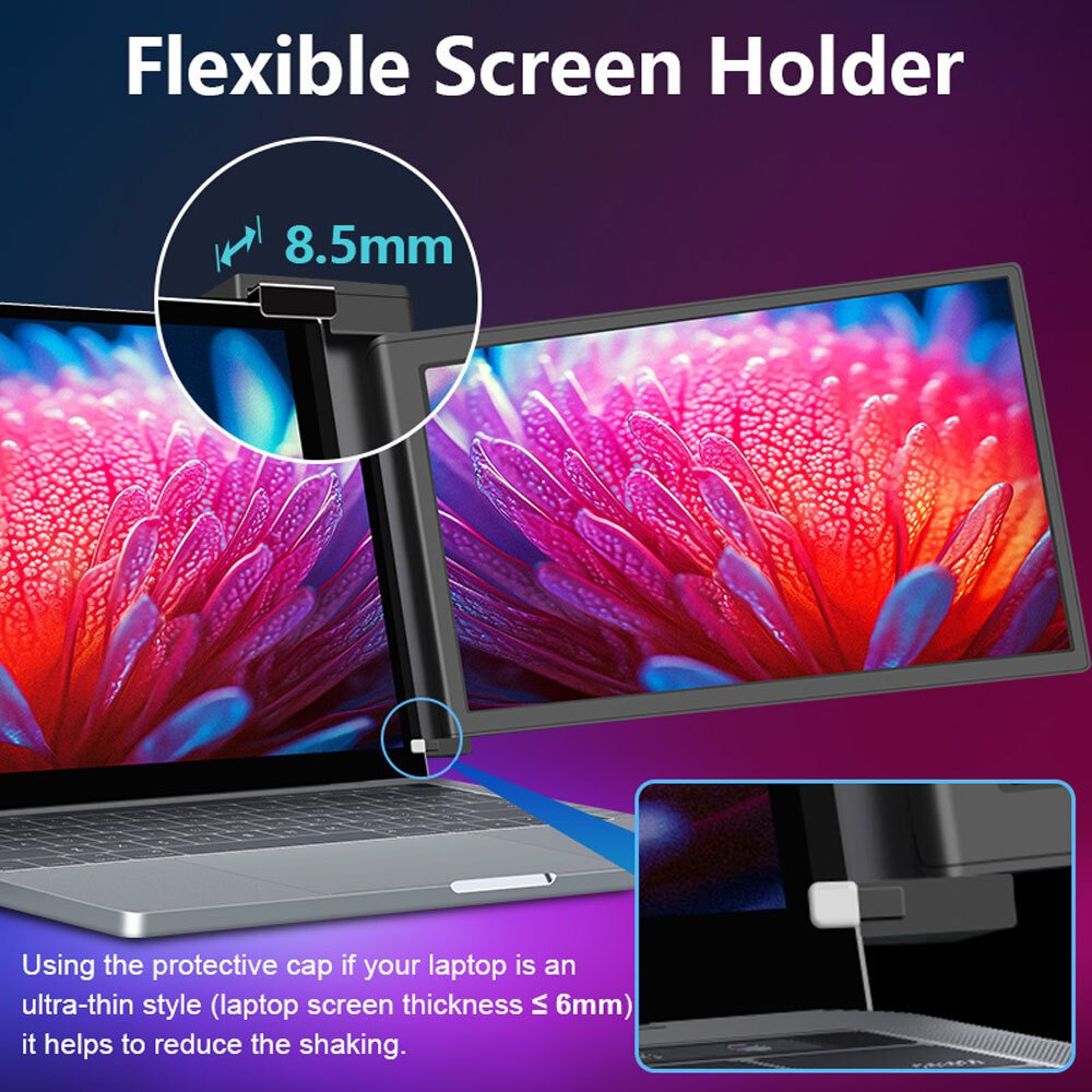 Soporte de pantalla flexible con pinza de 8,5 mm y capuchón para portátiles ultrafinos.