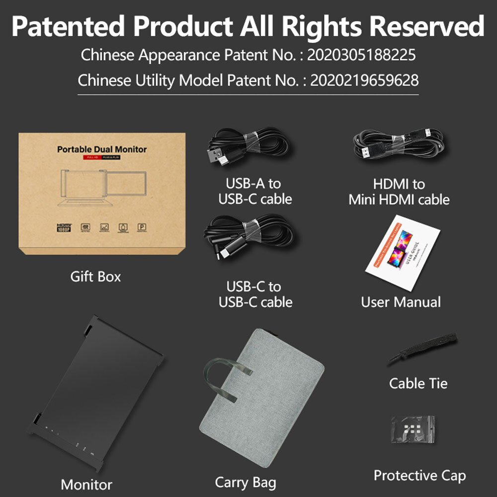 Accesorios para un monitor dual portátil: caja de regalo, cables, manual, bolsa.