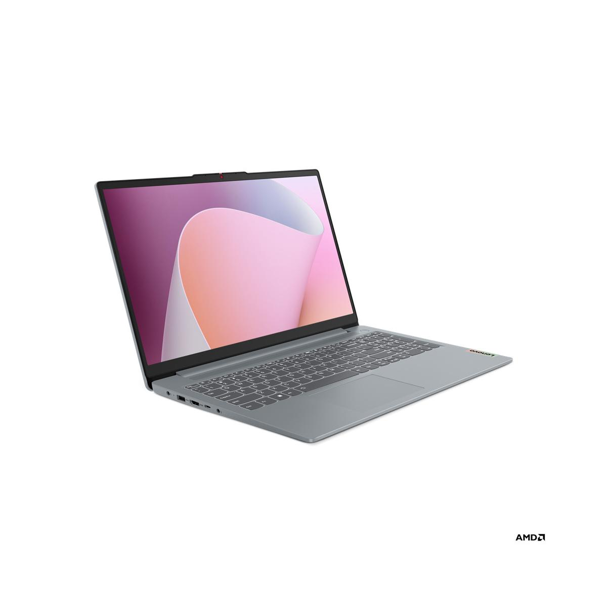 Un laptop Lenovo grigio con uno sfondo stilizzato rosa e viola sul suo schermo.