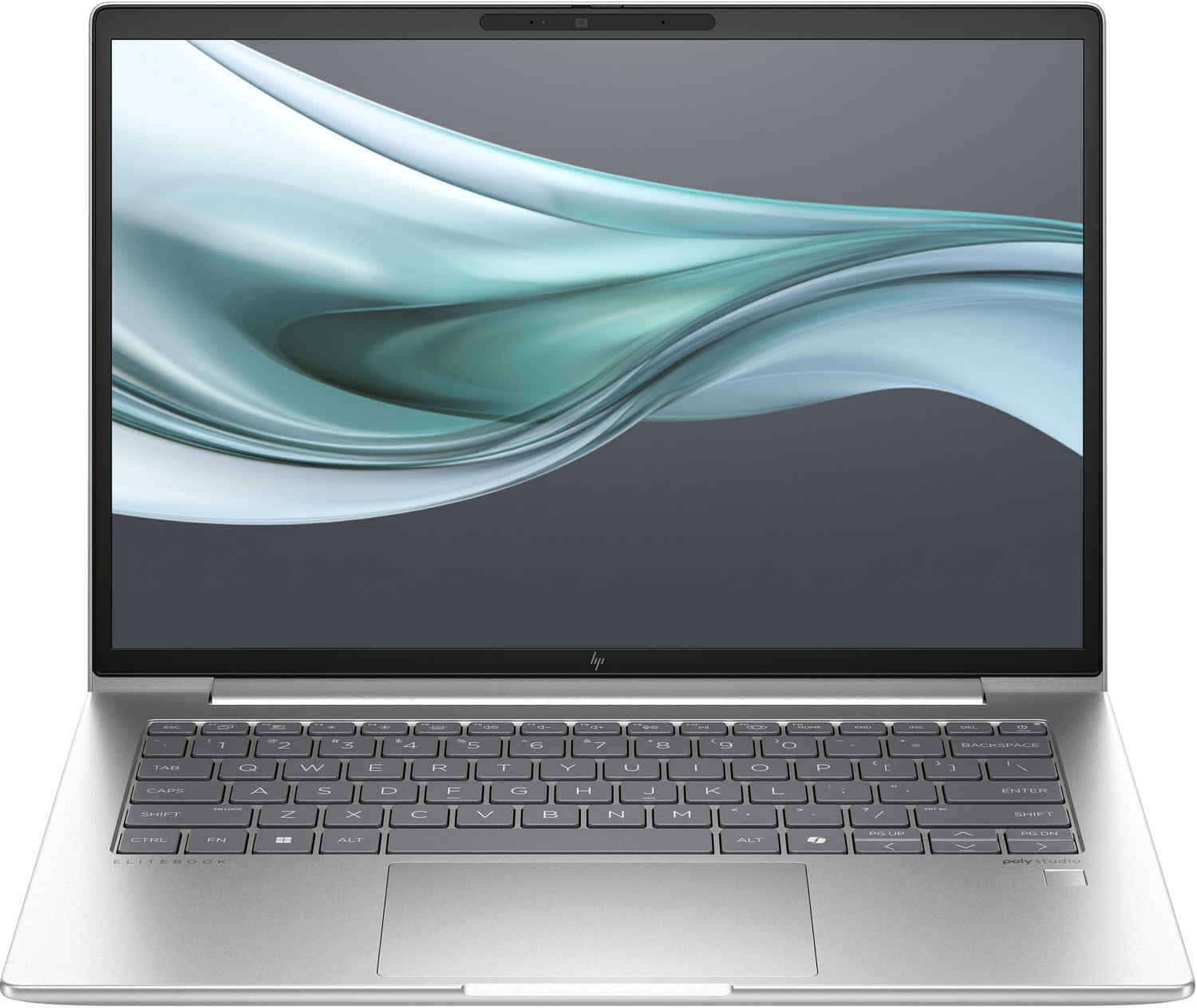 Un laptop HP Elitebook argentato con uno sfondo astratto colorato sullo schermo.