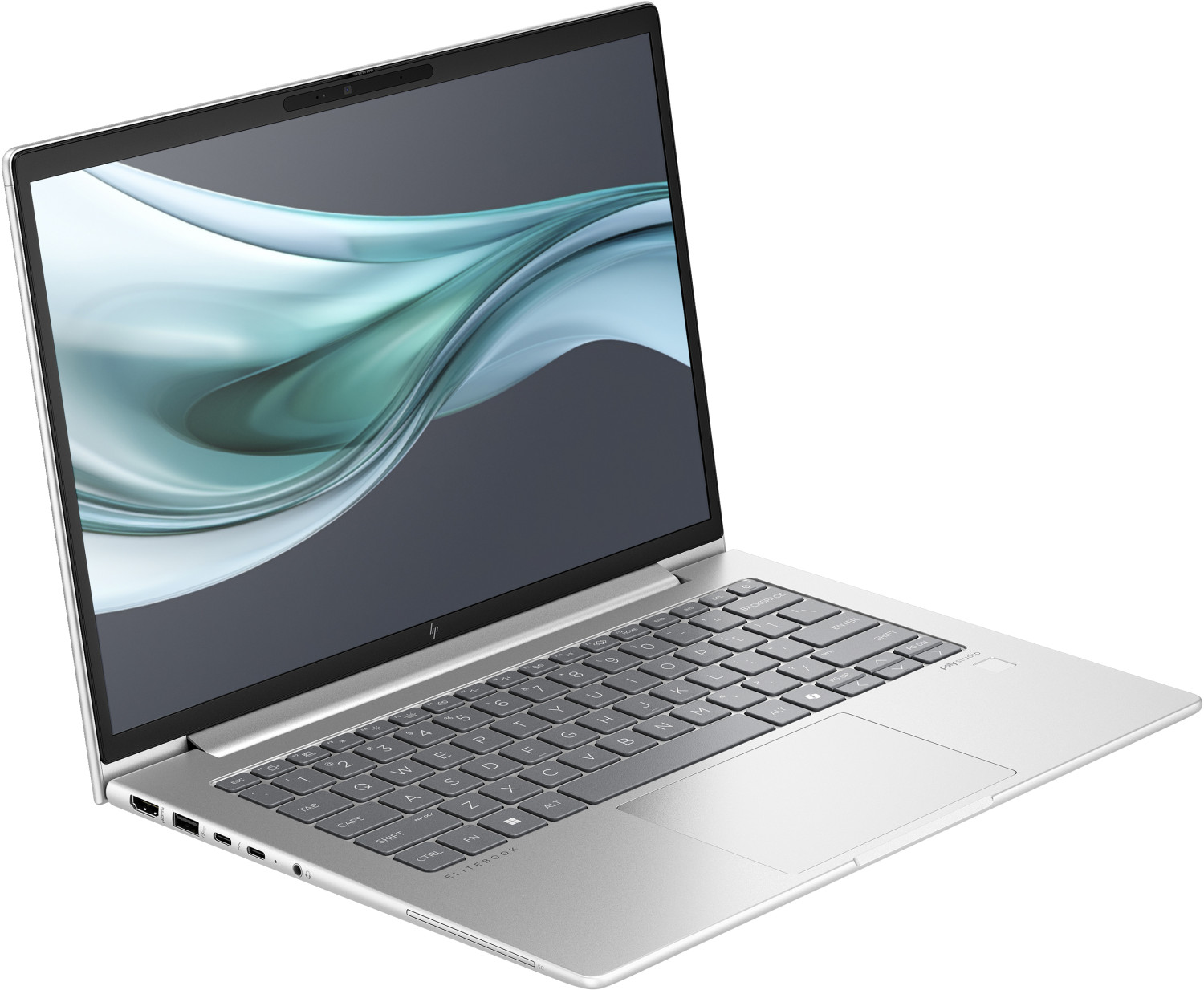 Un laptop HP Elitebook argentato con lo schermo aperto, che mostra un motivo astratto.