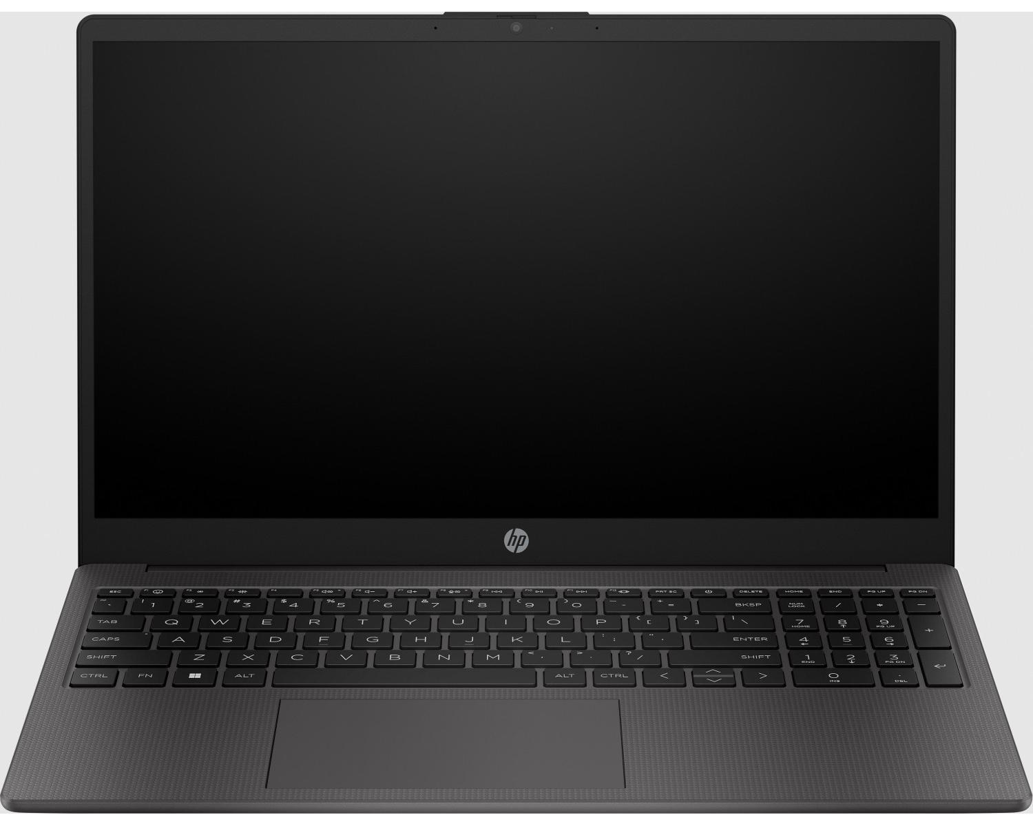 Un laptop HP chiuso e scuro che mostra la tastiera e il touchpad.