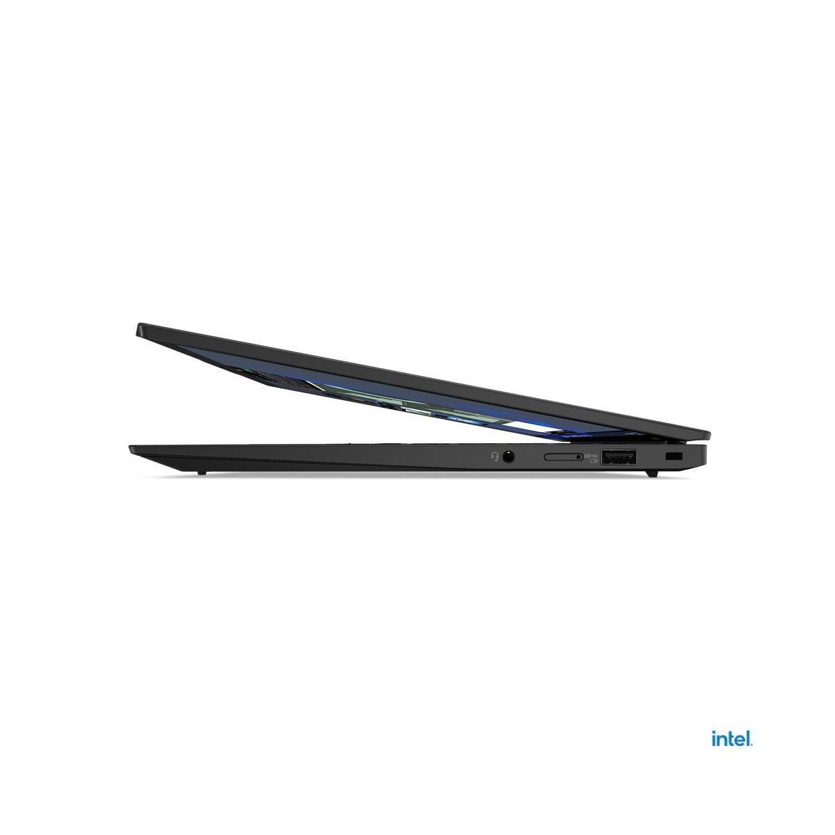 Laptop nero di profilo, leggermente aperto, con porte sul lato.