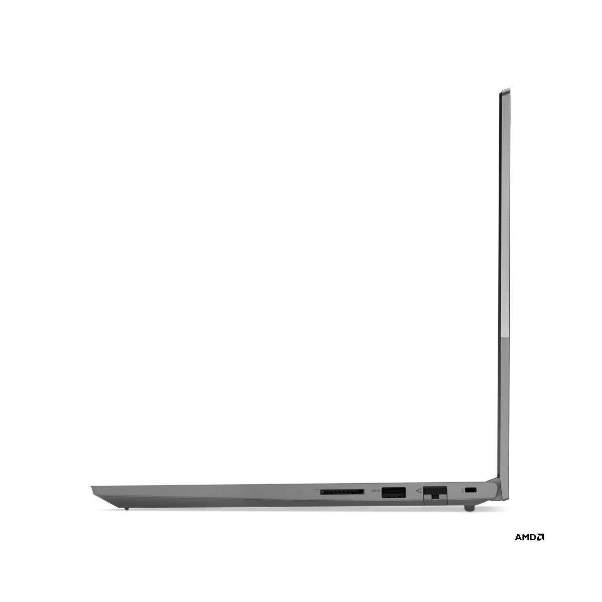 Perfil de portátil gris con puertos y logo de AMD sobre fondo blanco.