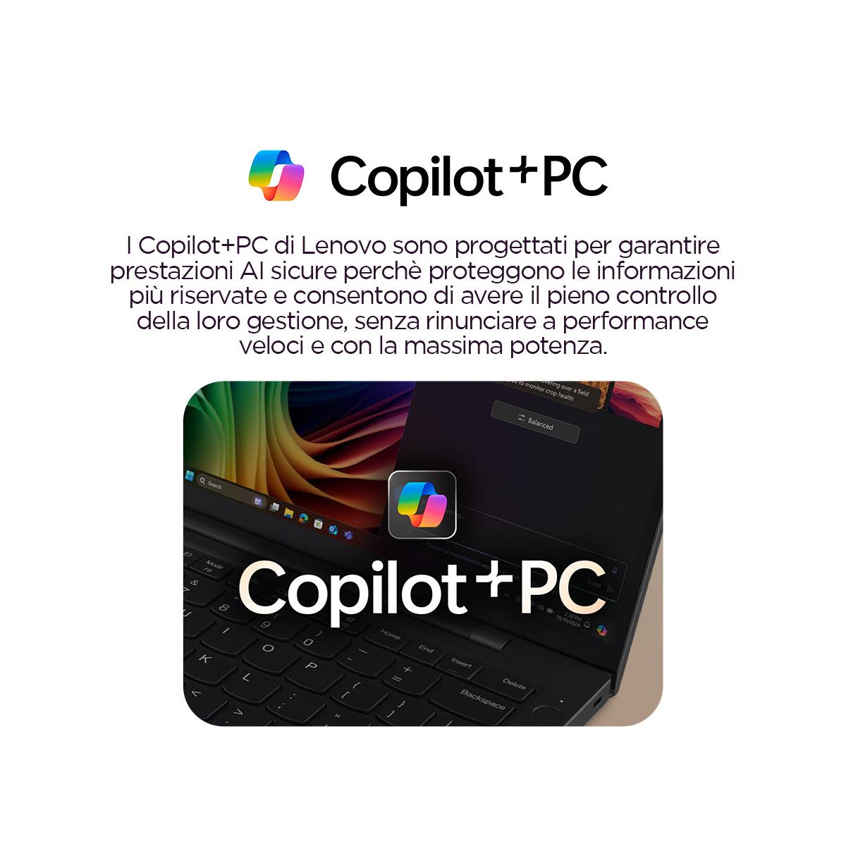 Lenovo Copilot+ PC con logo arcobaleno su un laptop.