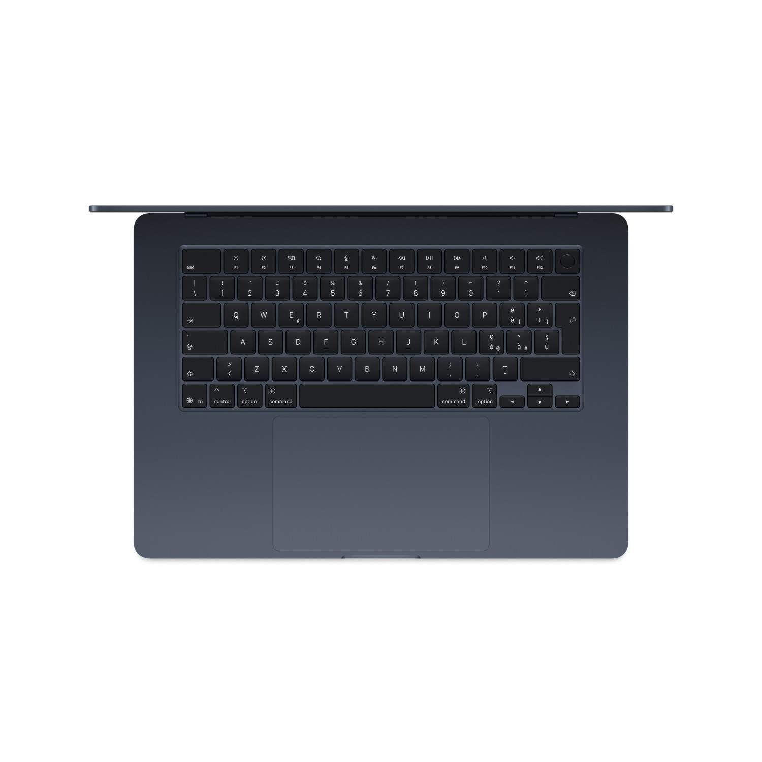 Ciemnoniebieski laptop widziany z góry, pokazujący klawiaturę i gładzik.