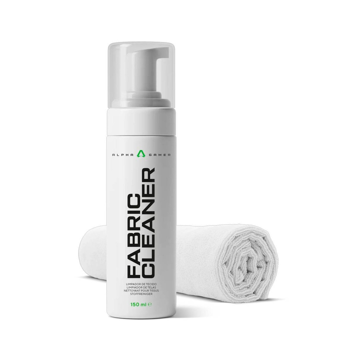 Flacone bianco di detergente per tessuti Alpha Gamer con dispenser a pompa e asciugamano bianco arrotolato.