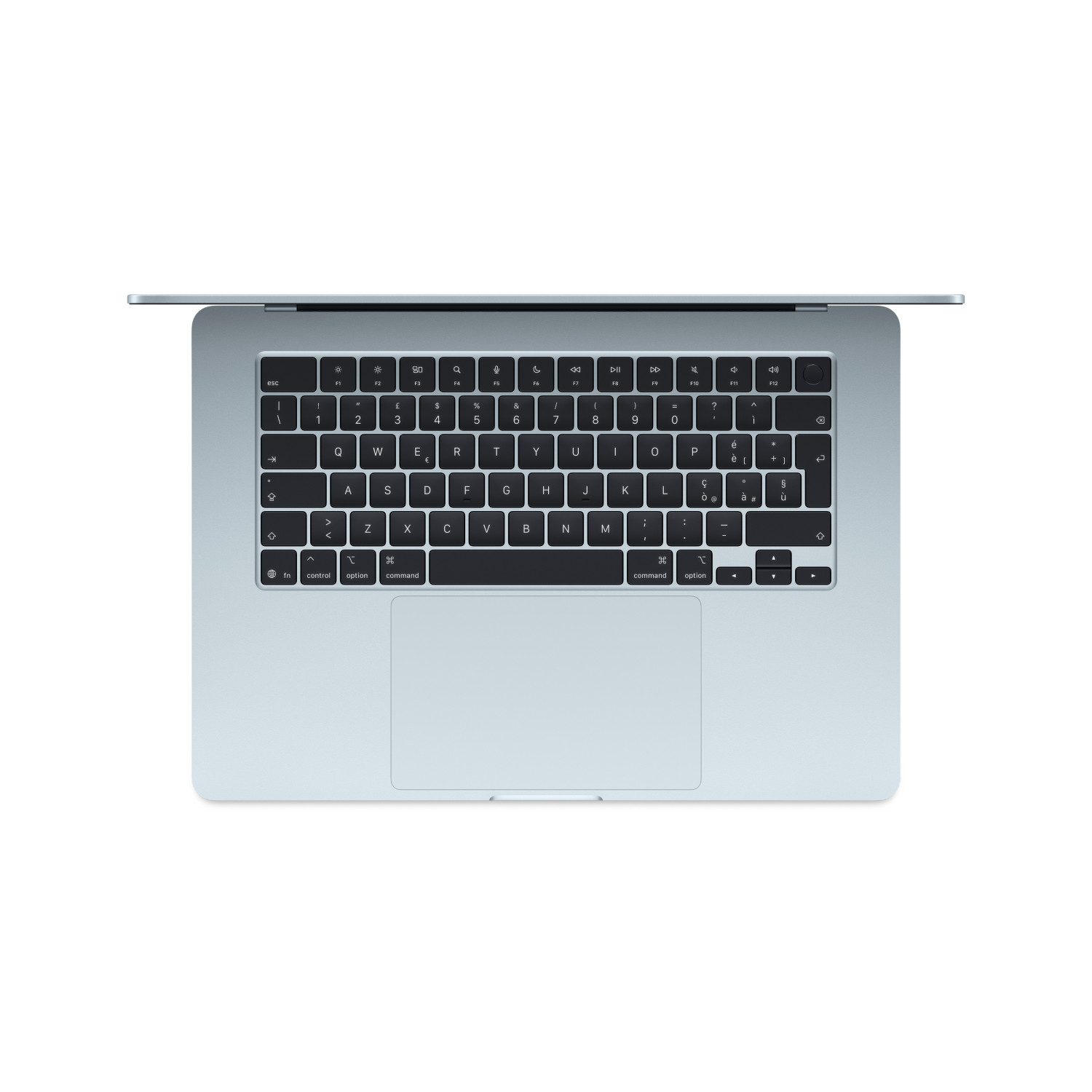 Un MacBook azzurro con il coperchio aperto mostra tastiera e trackpad.