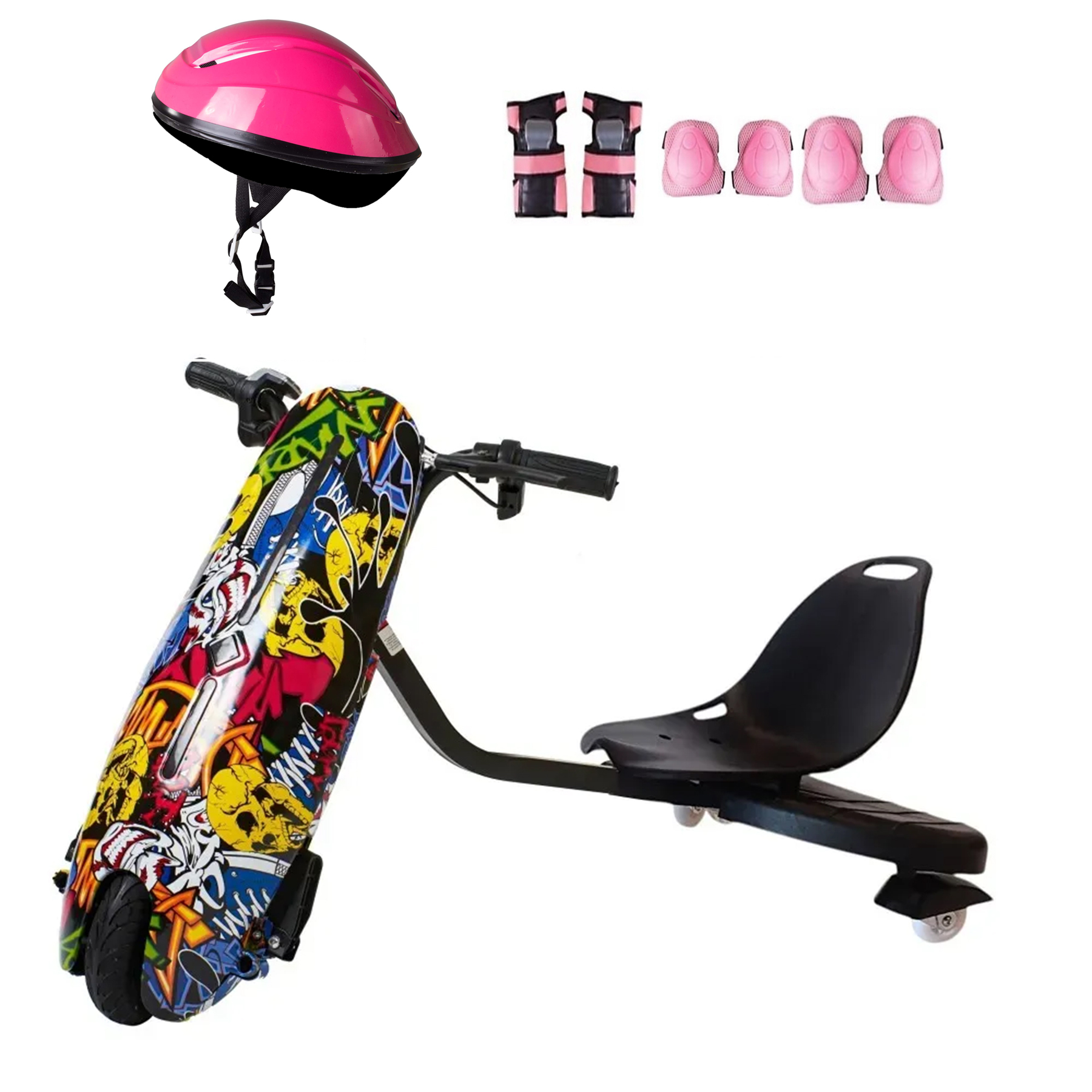 Pembe kask, koruyucu pedler ve renkli grafiti tasarımlı siyah scooter.