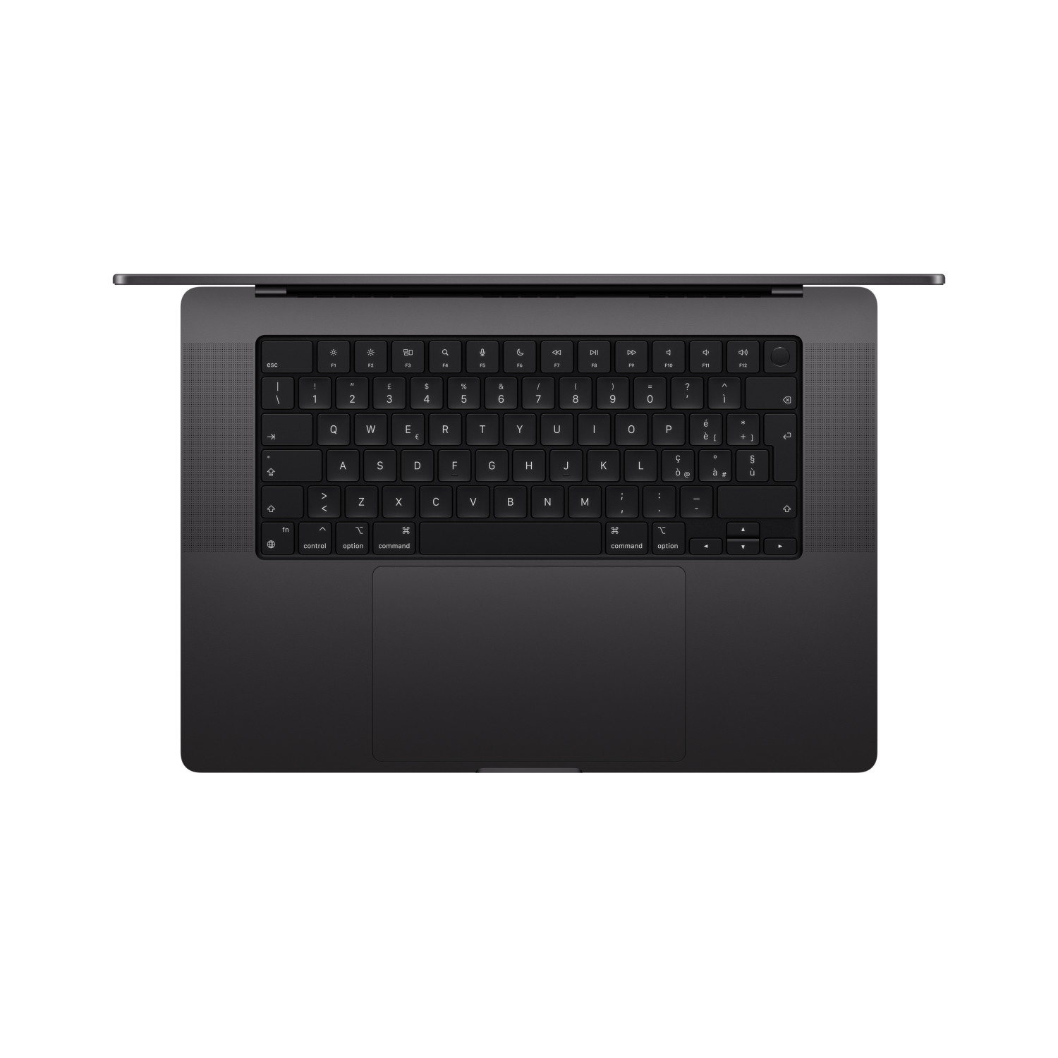 Un laptop MacBook grigio scuro è aperto, mostrando tastiera e trackpad.