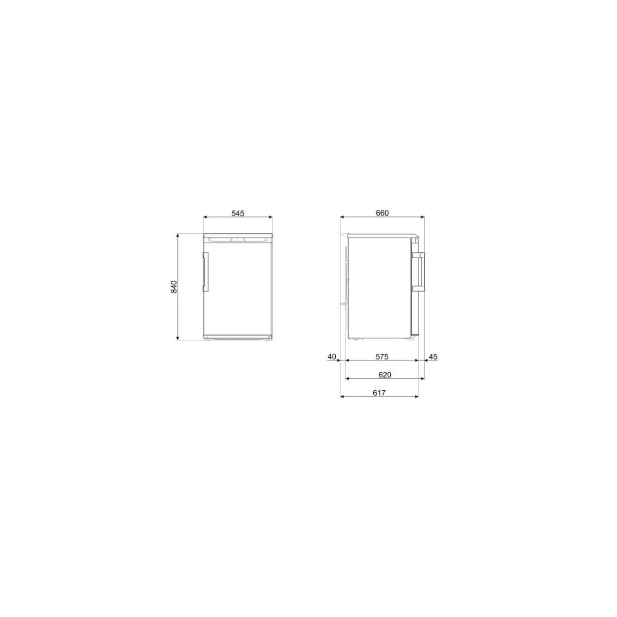 Dibujo técnico de un refrigerador con dimensiones.