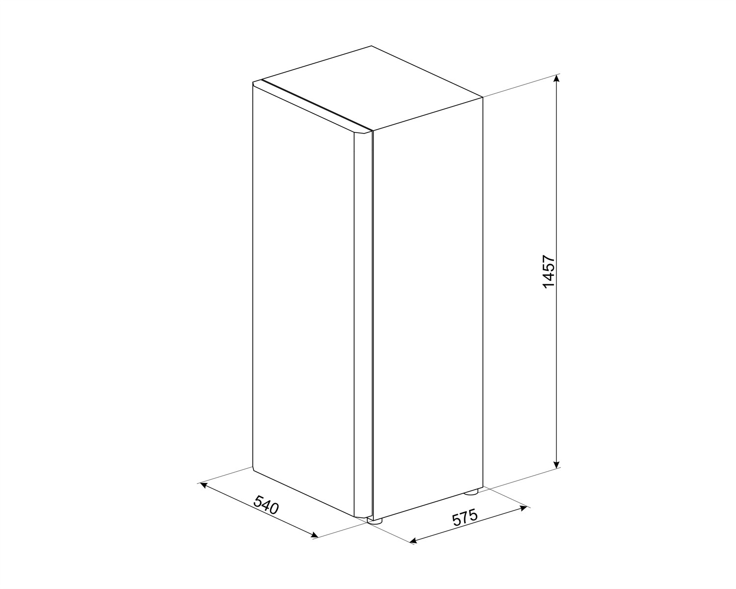 Disegno tecnico di un frigorifero bianco con dimensioni.