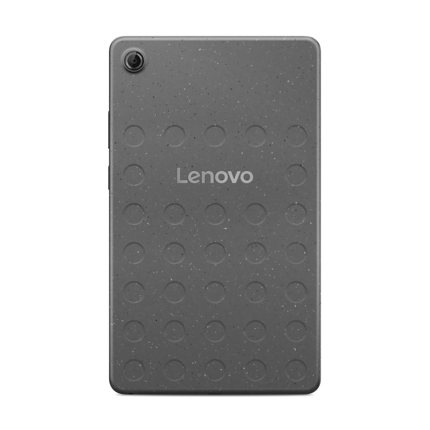 Rückseite eines grauen Lenovo Tablets mit Kamerasensor und kreisförmigem Muster.
