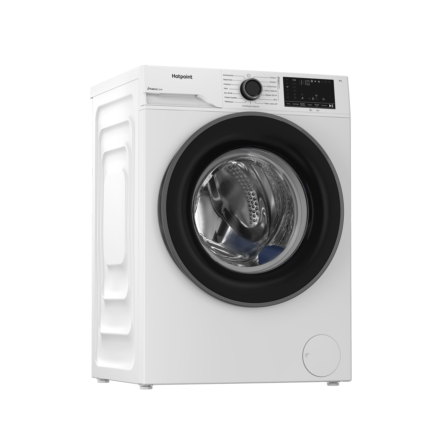 Lavatrice Hotpoint bianca con oblò nero e pannello di controllo digitale.