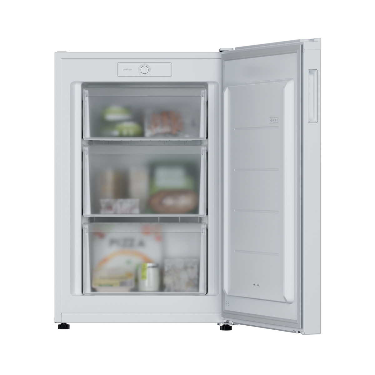 Un congelador vertical blanco con la puerta abierta, lleno de alimentos congelados.