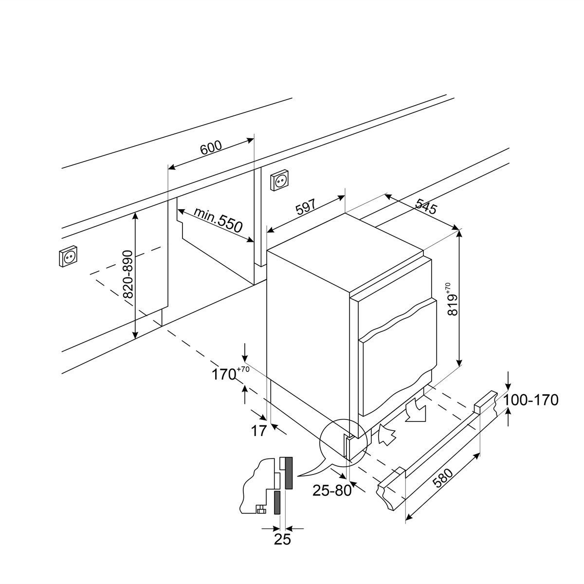 Disegno tecnico di un apparecchio con dimensioni per altezza, larghezza e profondità di installazione.