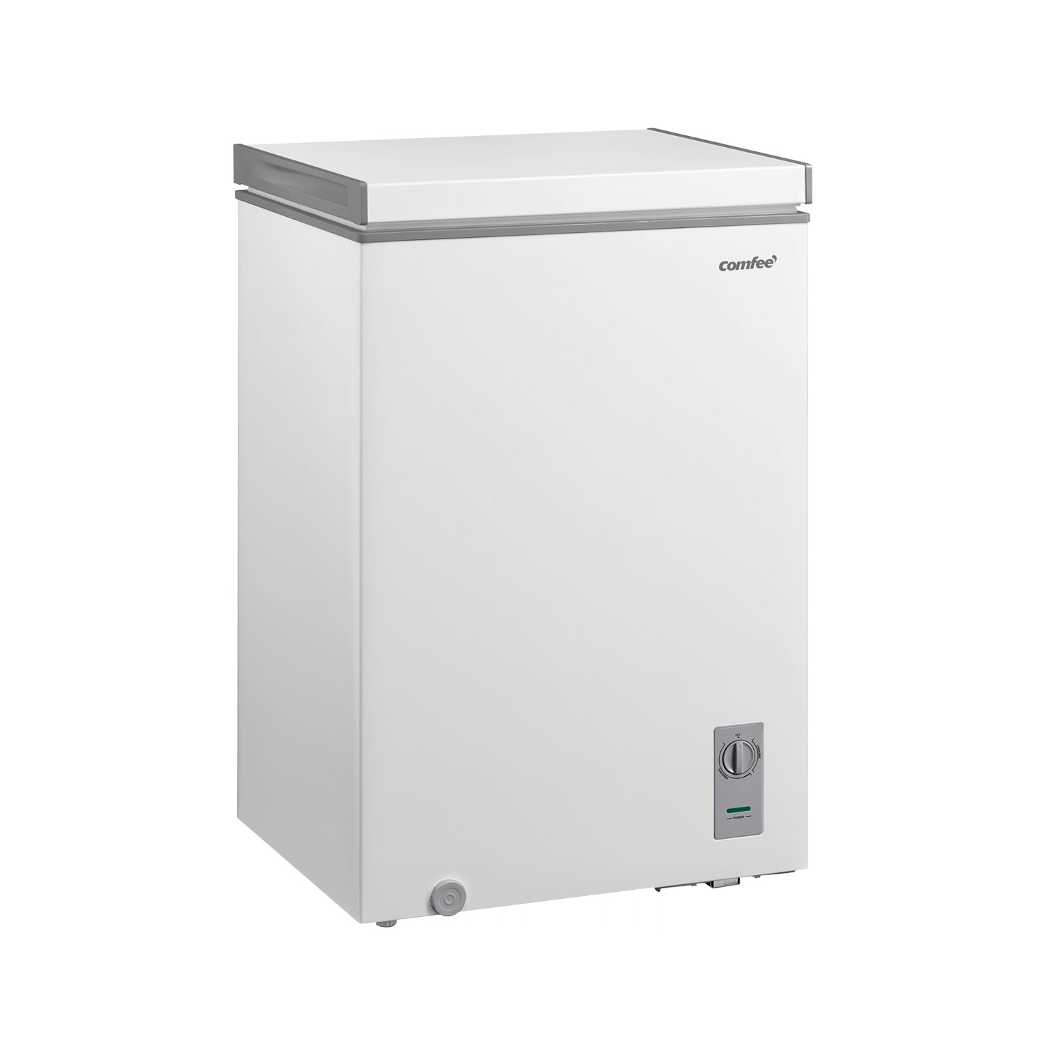 A white Comfee chest freezer stands on a white background with a temperature control dial.