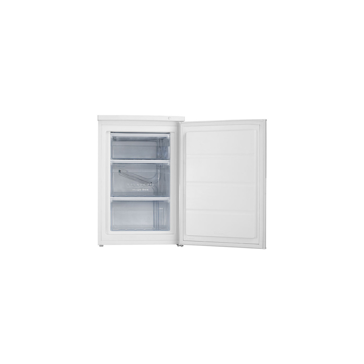 Un congelatore bianco con la porta aperta, che mostra tre cassetti trasparenti.