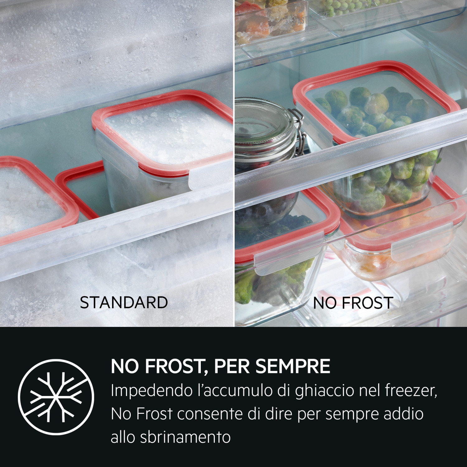 Confronto freezer: Standard con ghiaccio vs. No Frost con cibi.
