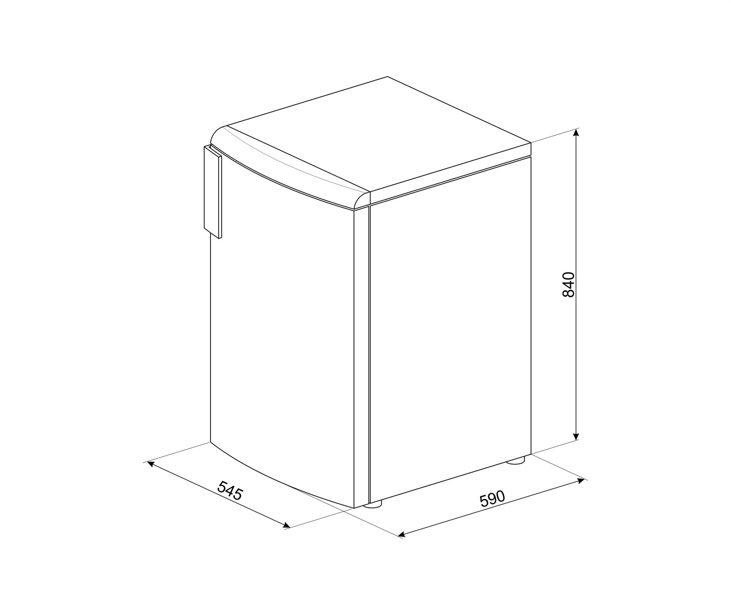 Un disegno schematico di un frigorifero con dimensioni.