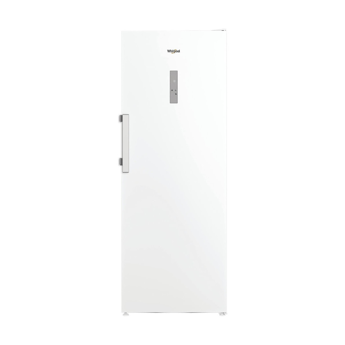 Een hoge, witte koelkast met een zilverkleurig handvat en bedieningspaneel.