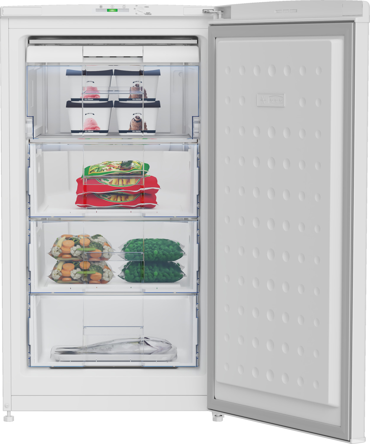 Ein offener weißer Gefrierschrank mit Eiscreme, Nudeln, Gemüse und Fisch.
