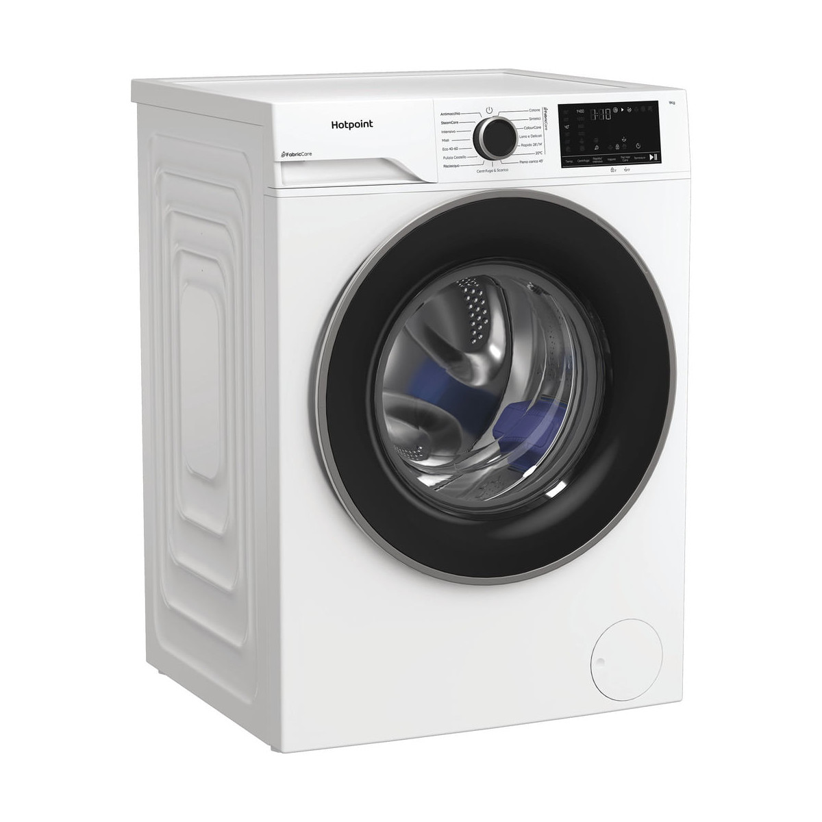 Una lavatrice Hotpoint bianca con oblò nero e pannello di controllo.