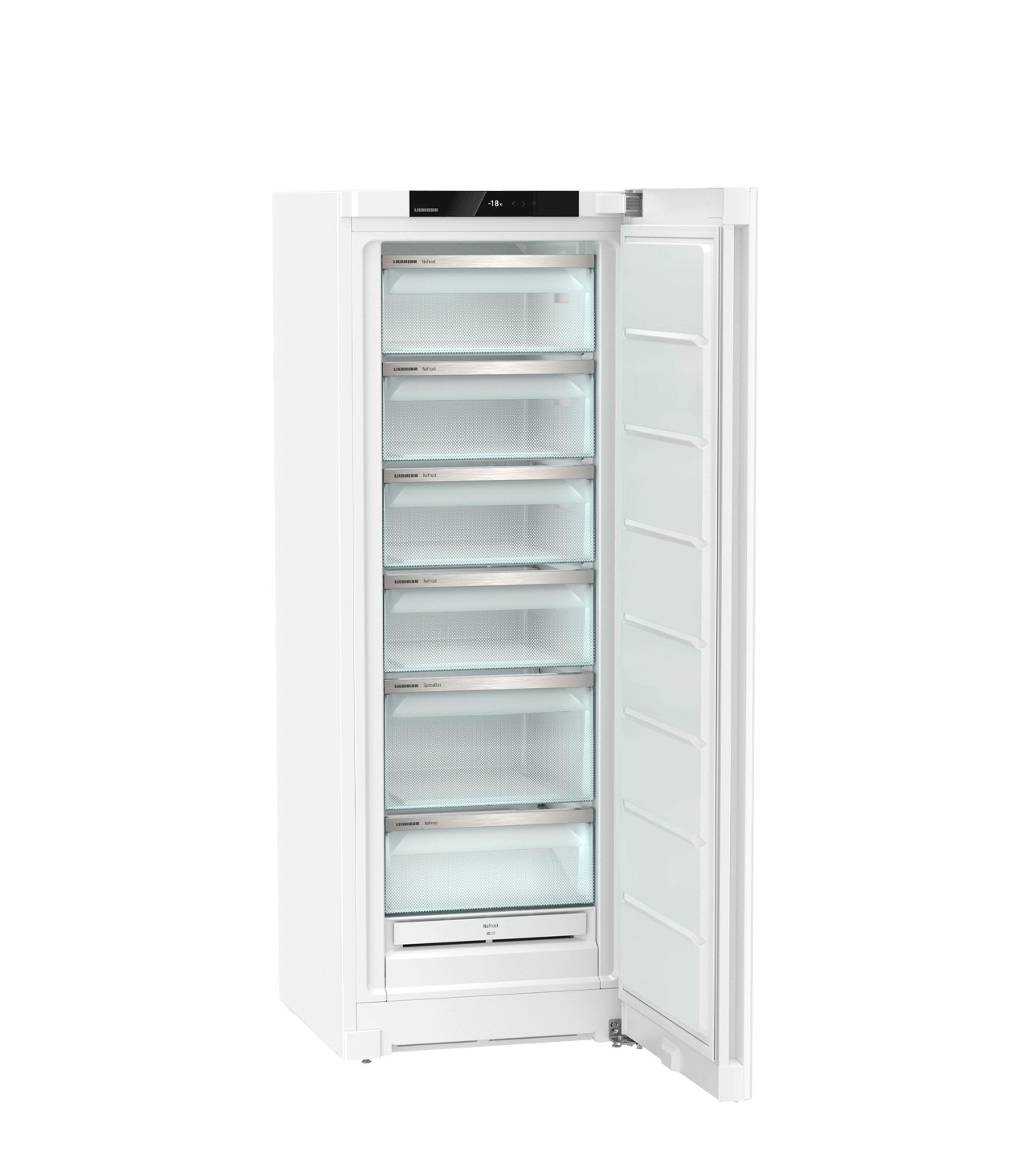 Ein weier Liebherr Gefrierschrank mit gefneter Tr und sichtbaren Glasablagen.