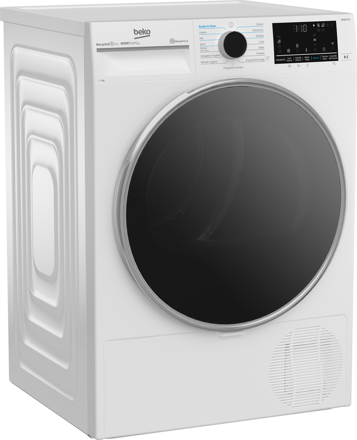 Una macchina asciugatrice Beko bianca con porta nera e pannello di controllo digitale.