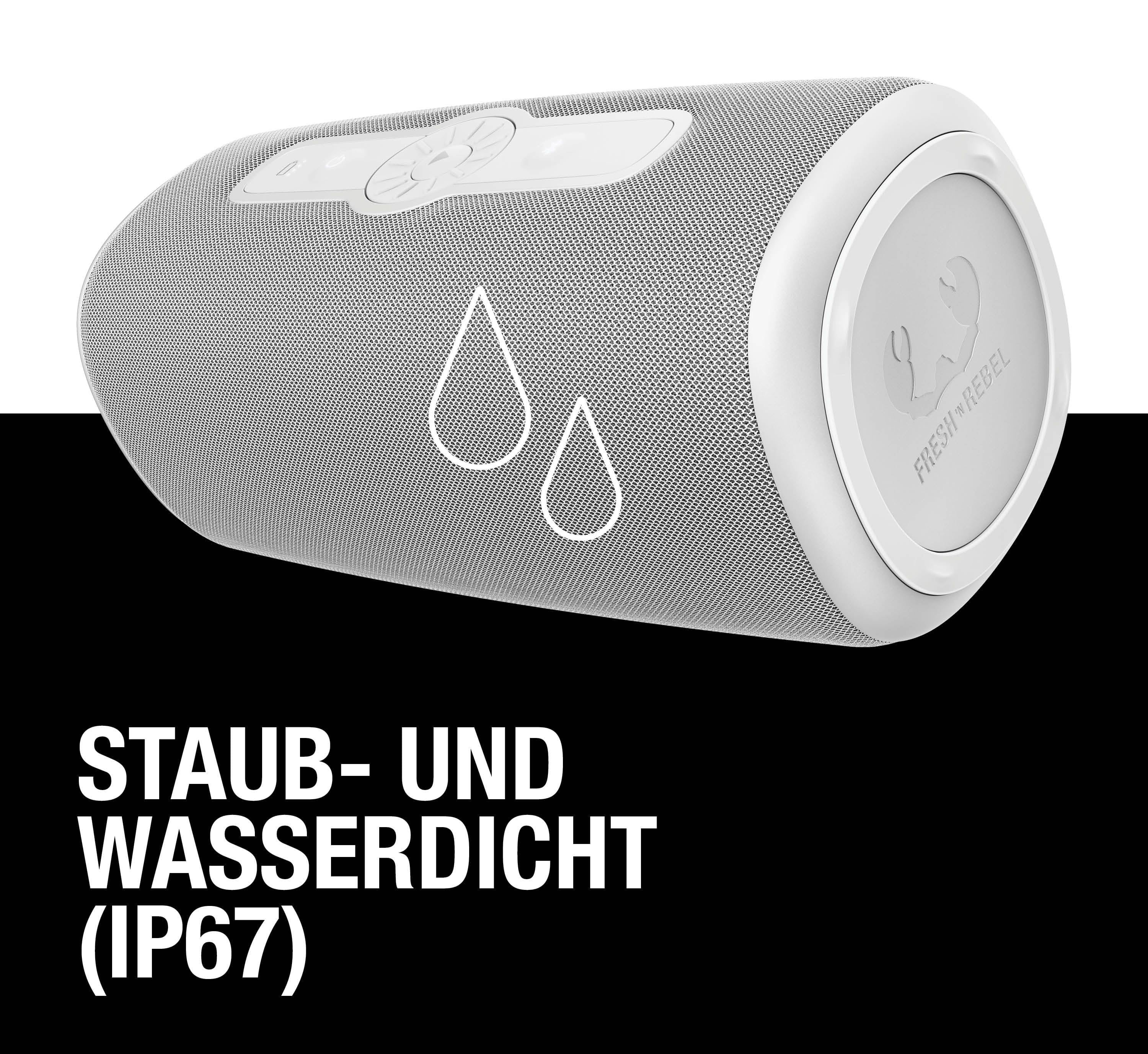 Ein weißer Lautsprecher mit Staub- und Wasserdicht-Symbol (IP67).
