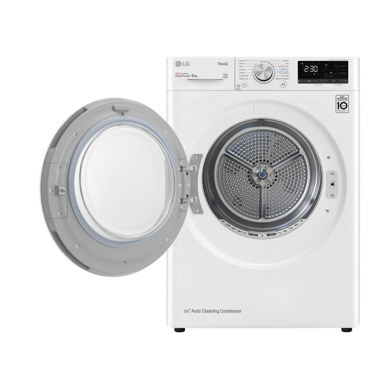 Oblò asciugatrice LG bianco con porta aperta e pannello di controllo.