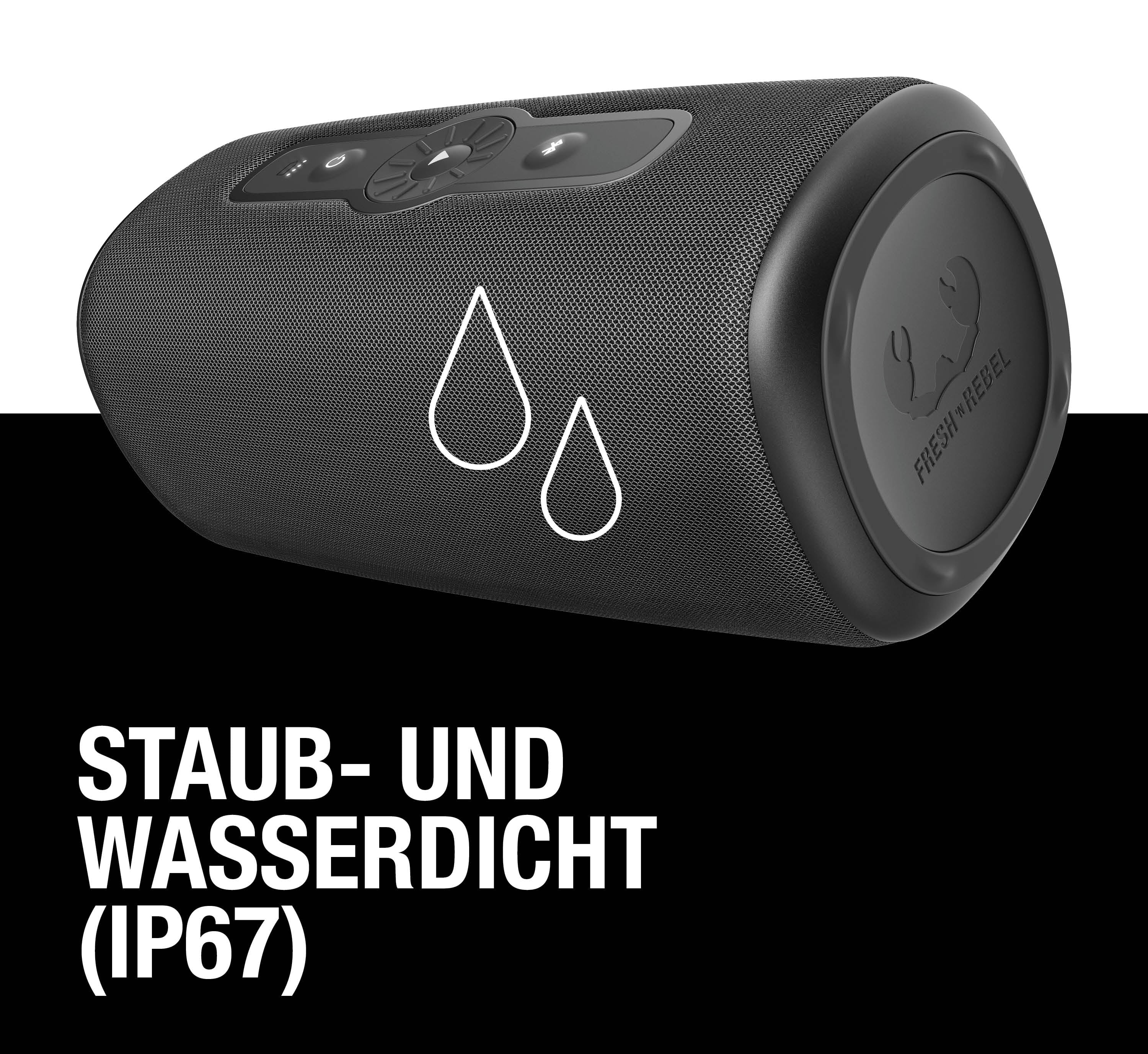 Schwarzer Lautsprecher mit "Staub- und wasserdicht (IP67)"-Aufschrift und Tropfensymbol.