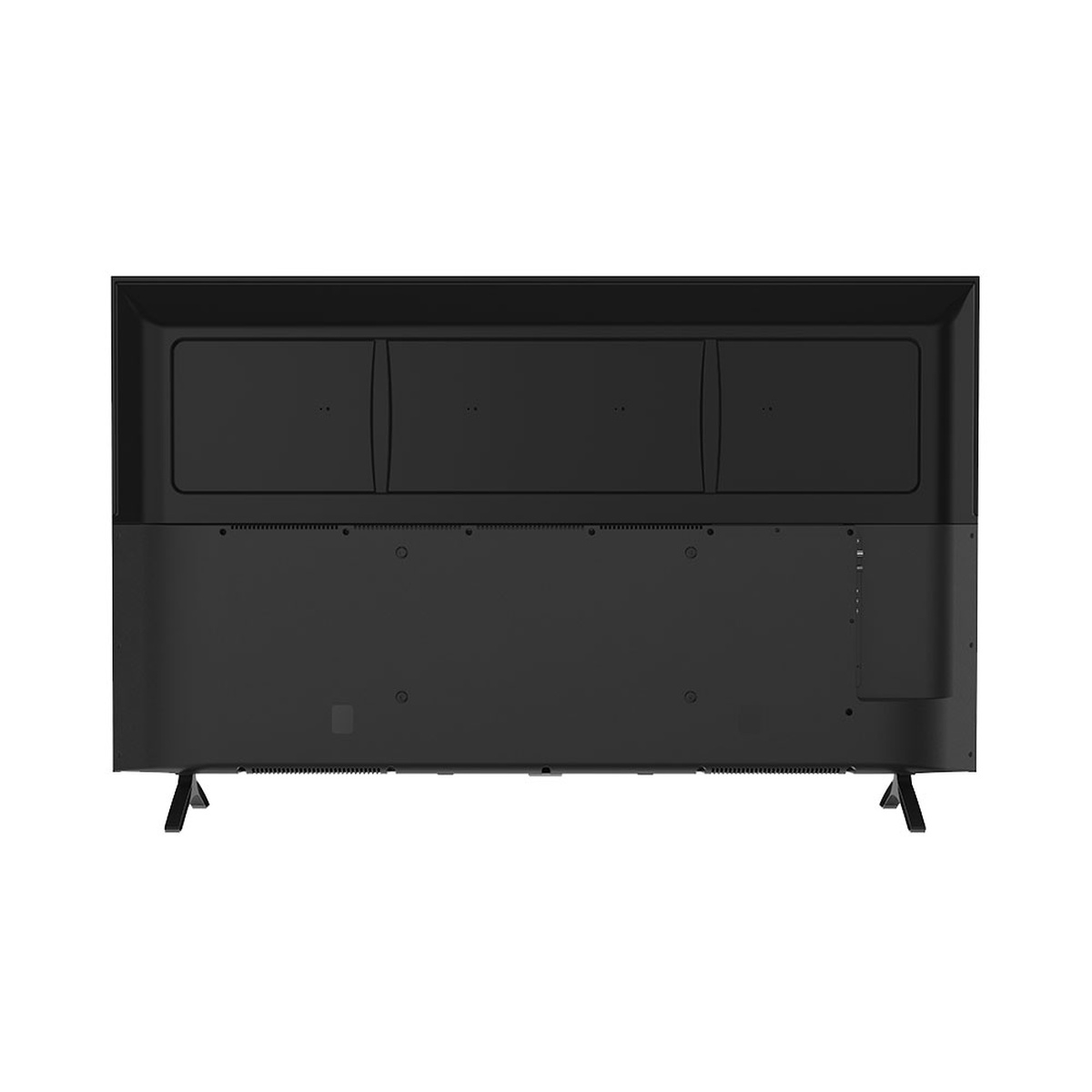 Retro di un televisore nero con due supporti e porte.