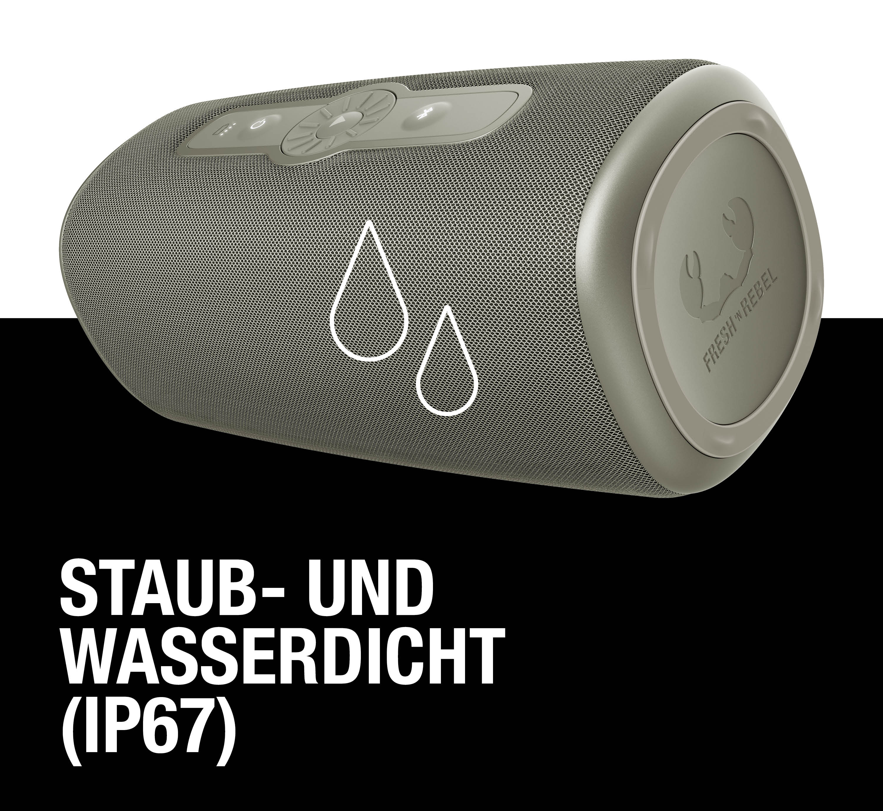 Grauer Bluetooth-Lautsprecher mit Staub- und Wasserdichtigkeit (IP67).