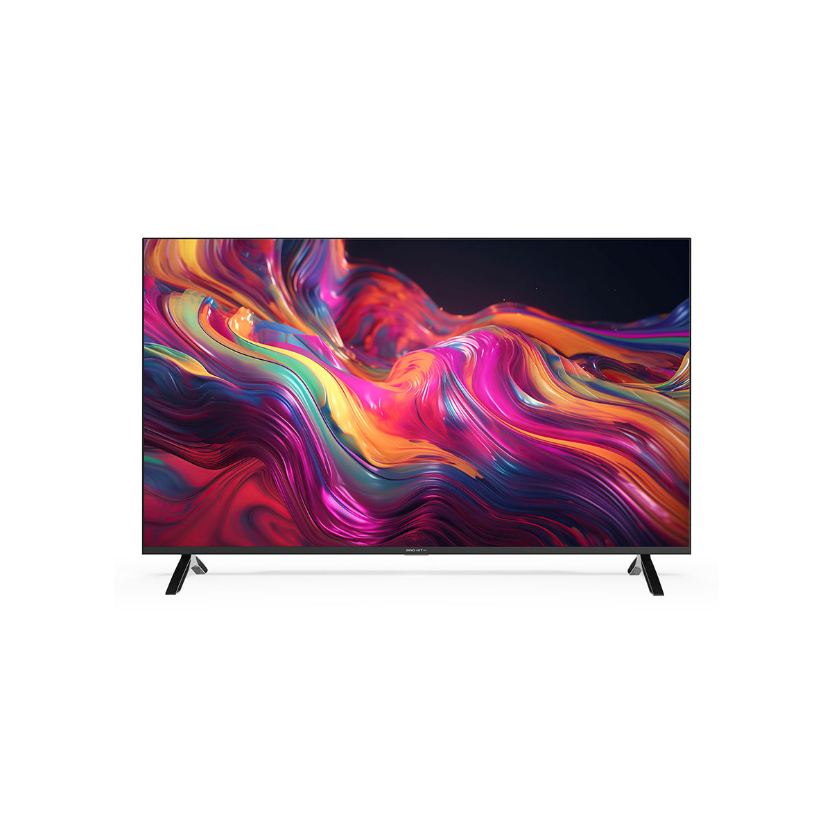 Un televisore moderno con un'immagine di sfondo astratta e colorata. Cornice nera.