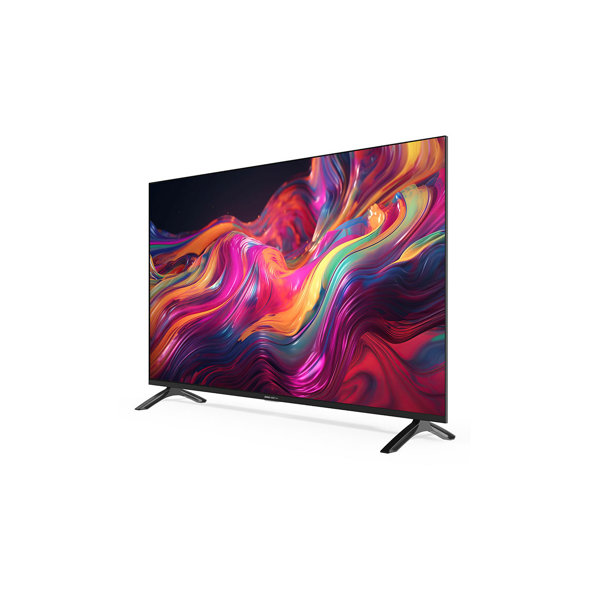 Un moderno televisore a schermo piatto mostra un screensaver astratto e colorato.