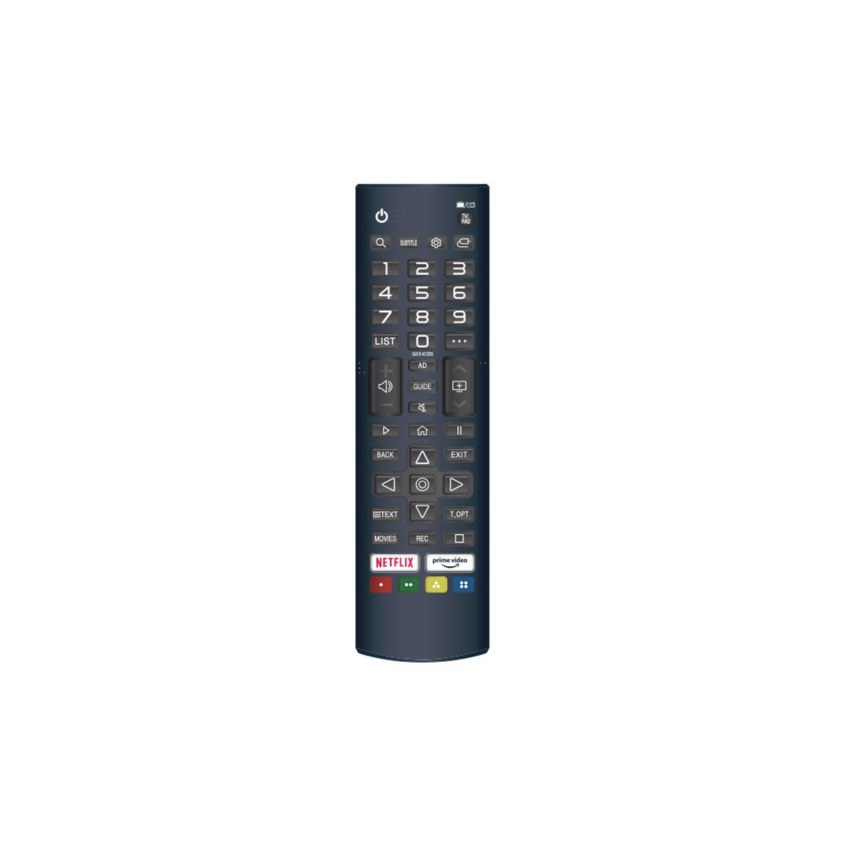 Telecomando grigio scuro con tastierino numerico, pulsanti di navigazione e pulsanti app.