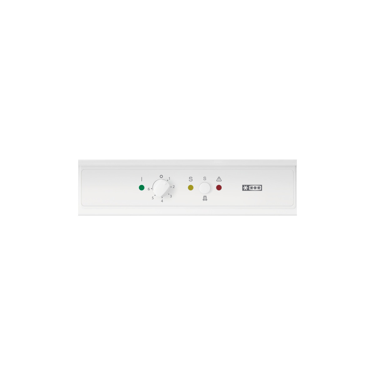 Un pannello di controllo bianco con quadrante, luci e simboli.