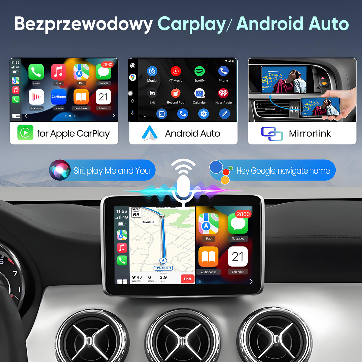 Infografika prezentuje systemy multimedialne w samochodzie: Apple CarPlay, Android Auto, Mirrorlink.