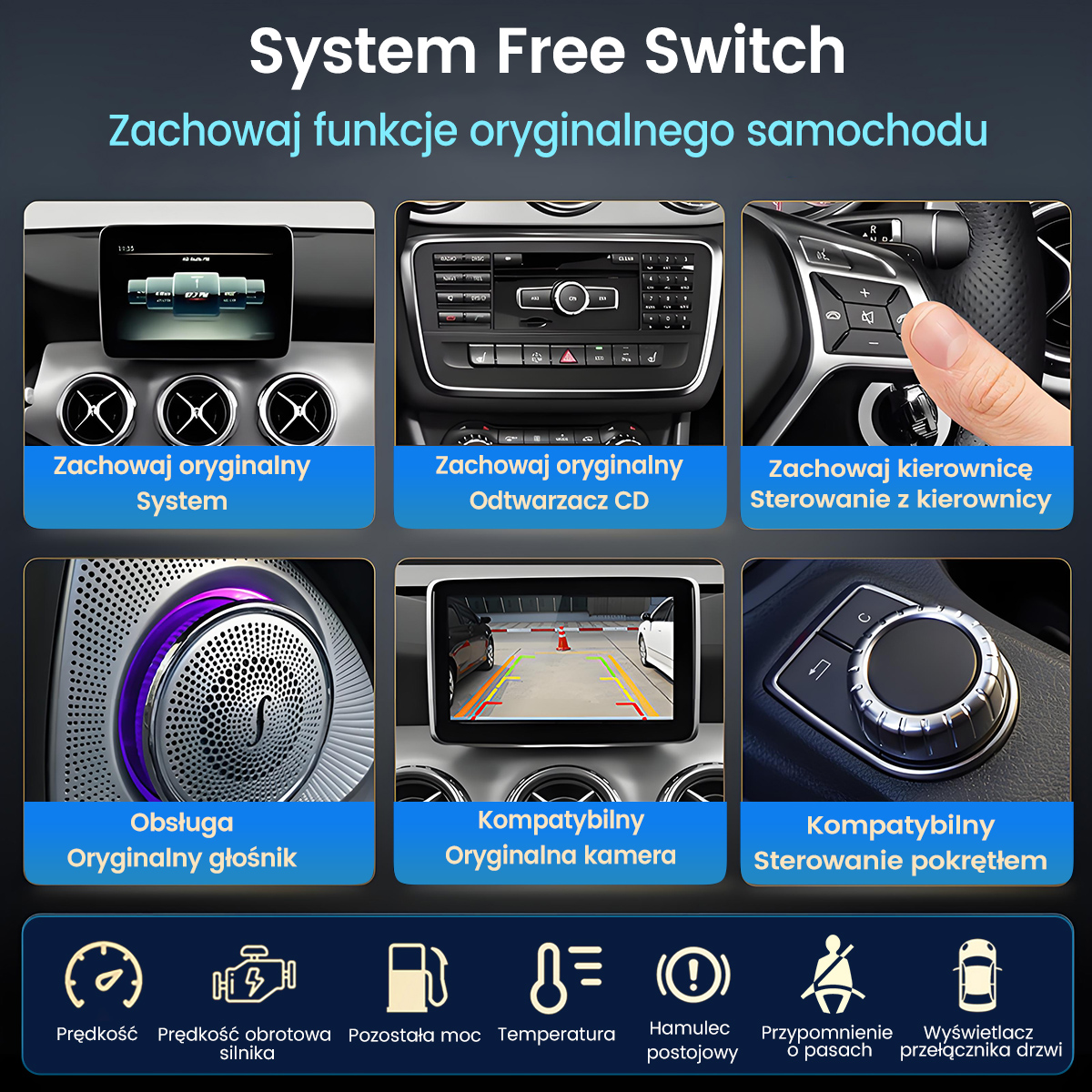 Sześć zdjęć pokazuje funkcje wnętrza samochodu: system info, odtwarzacz CD, kierownica, głośnik, kamera cofania.