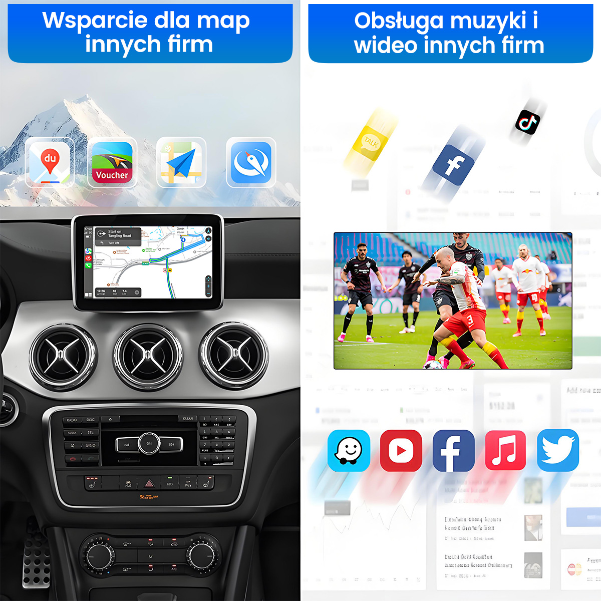 Samochodowy system infotainment z nawigacją, aplikacjami muzycznymi/wideo i ikonami mediów społecznościowych.