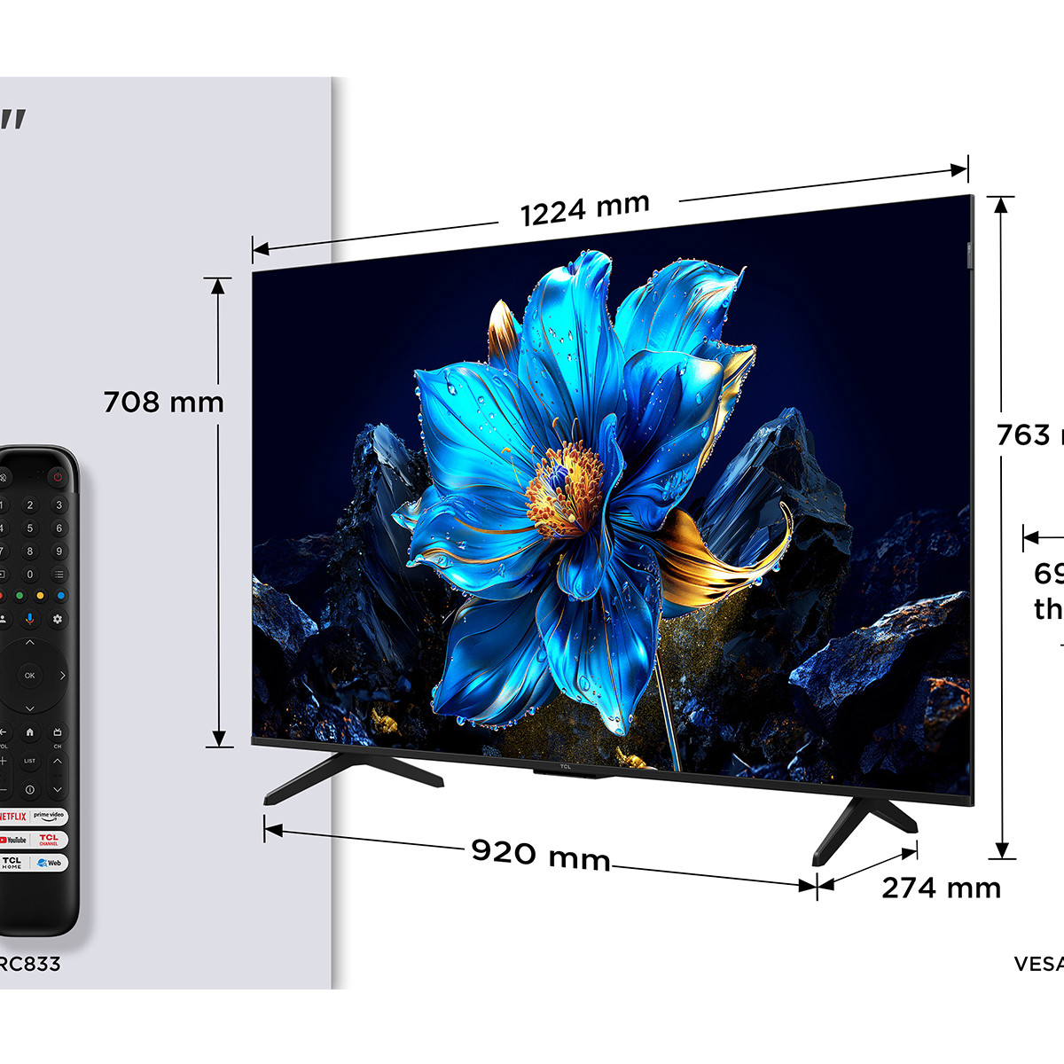 Ein Fernseher mit einem blauen Blumenbildschirm, mit Fernbedienung und Maßen.