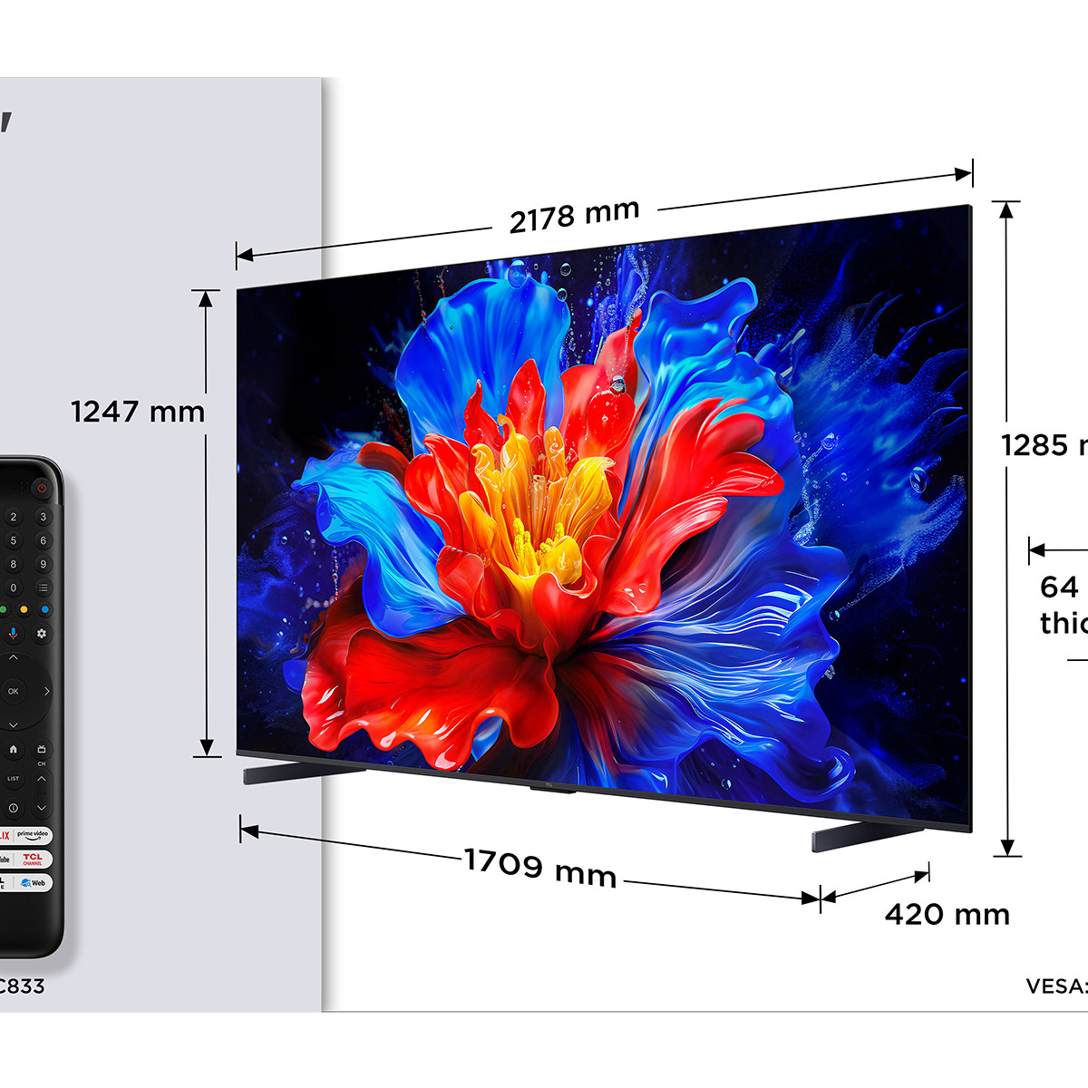 Un grand téléviseur affichant une image de fleur colorée avec dimensions.
