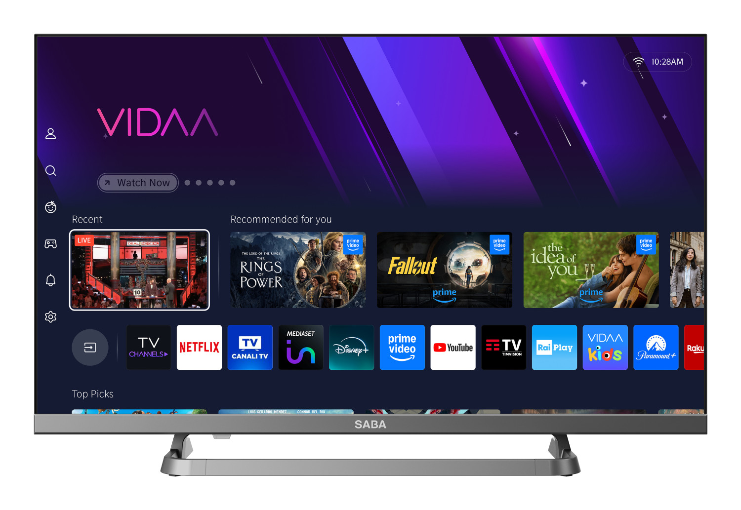 Una TV moderna mostra l'interfaccia VIDAA con loghi di app e titoli di film.