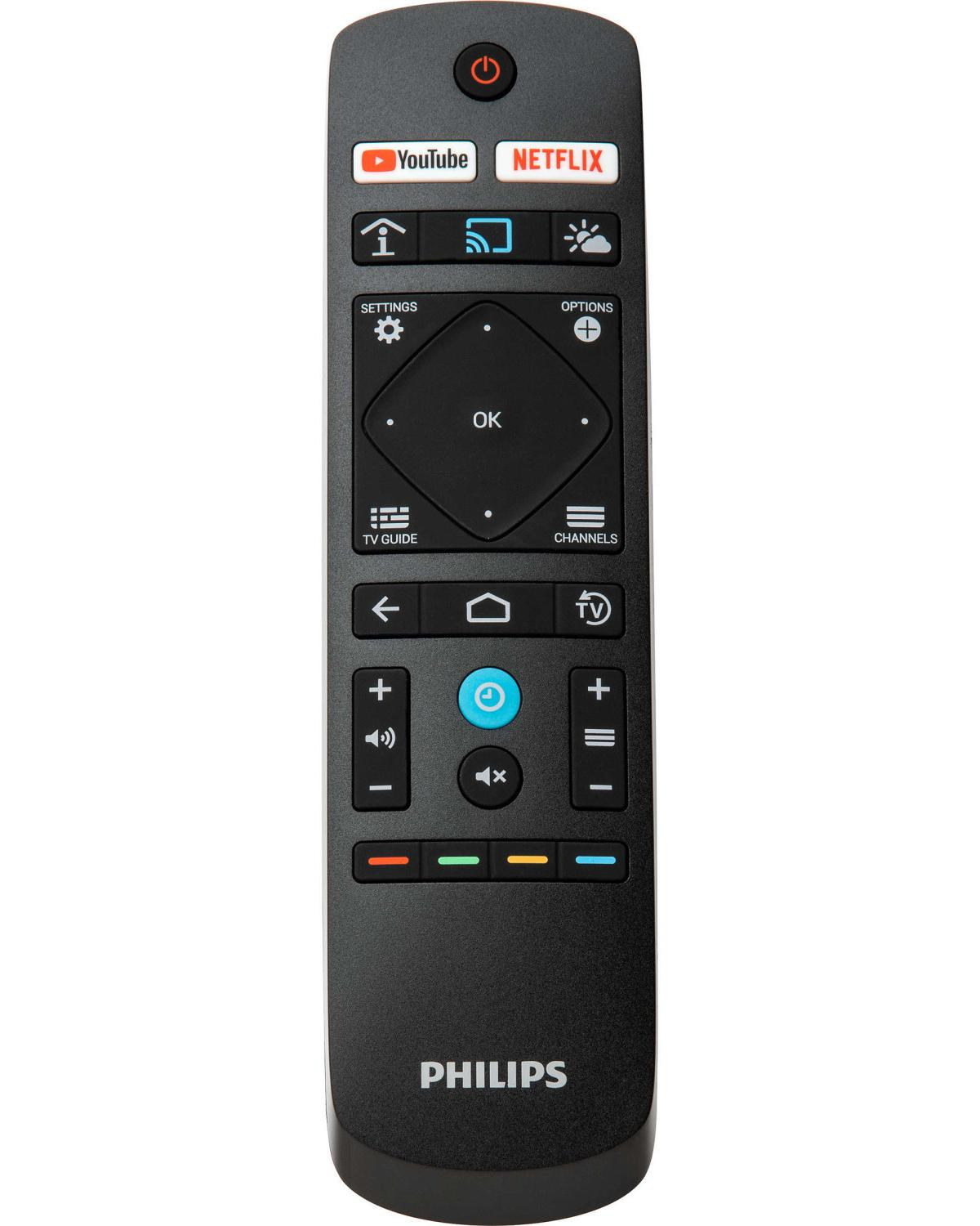 Télécommande Philips noire avec boutons YouTube et Netflix et navigation.