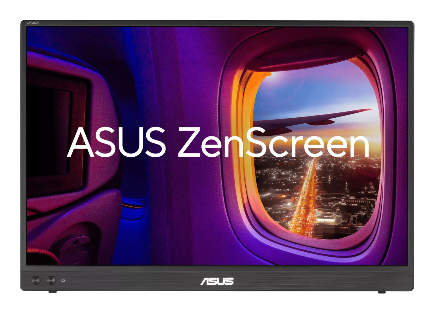 ASUS ZenScreen display showing airplane window view of city at night and wing.