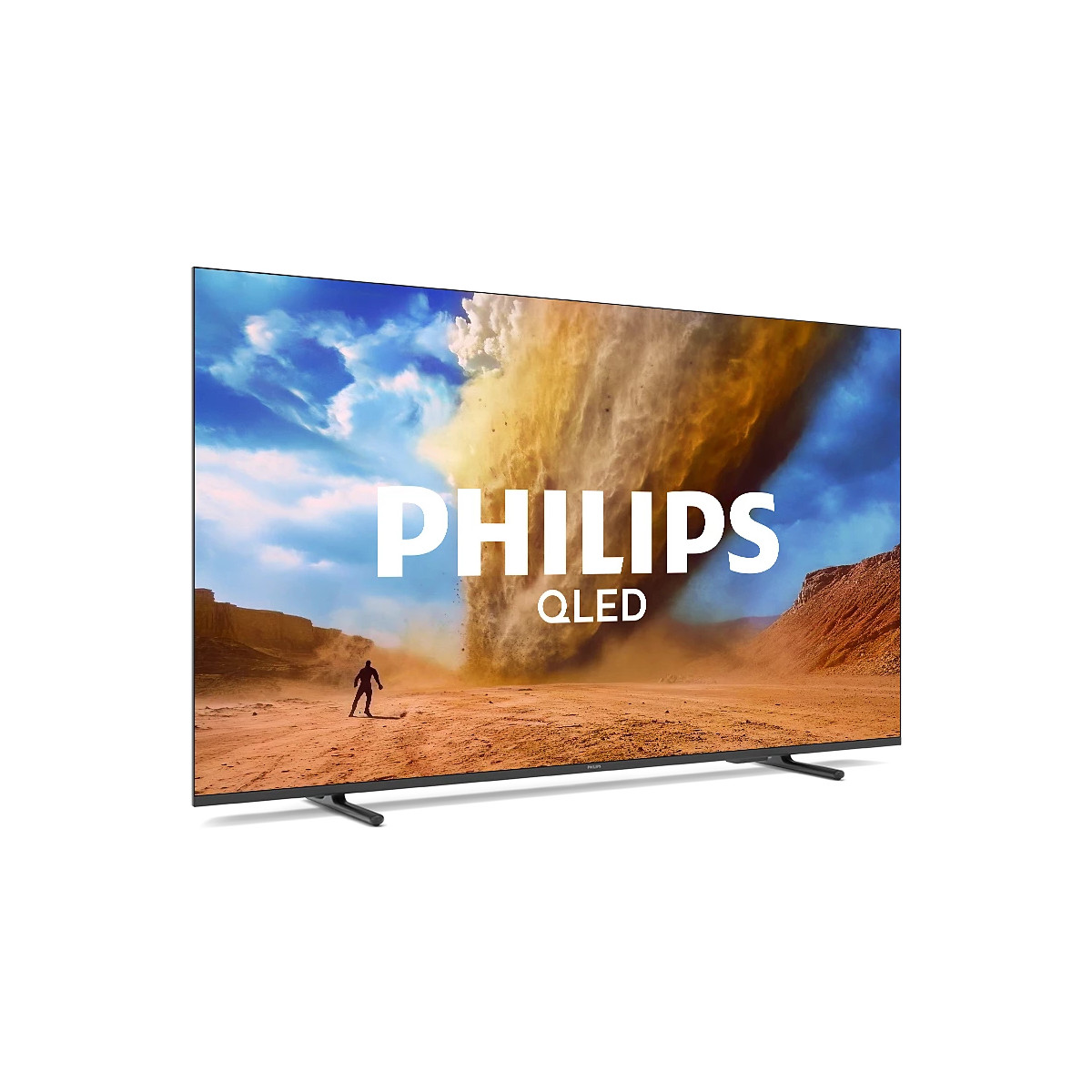 Telewizor Philips QLED wyświetla zapyloną scenę burzy z postacią na pierwszym planie.