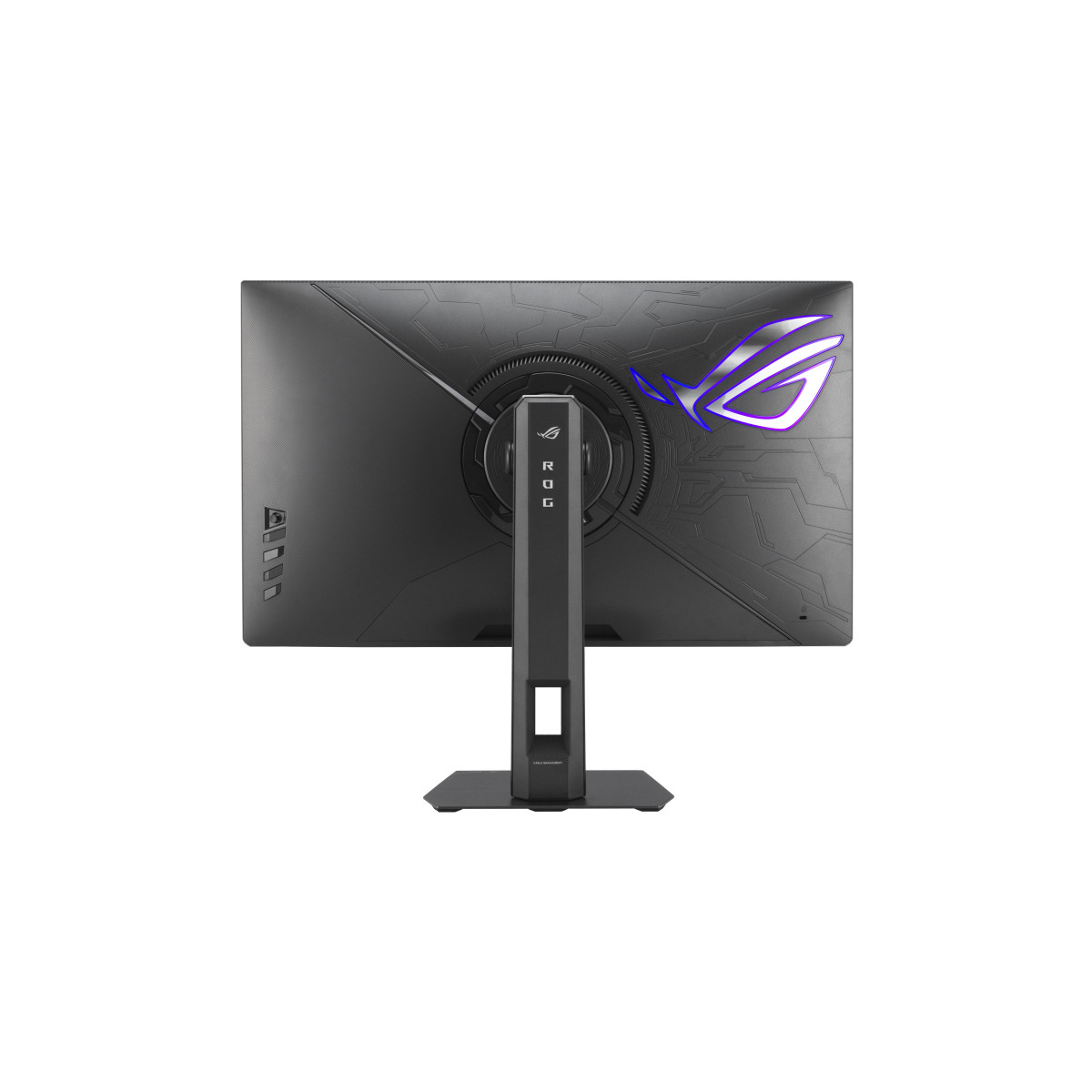 Back of a black monitor with ROG logo and illumination.