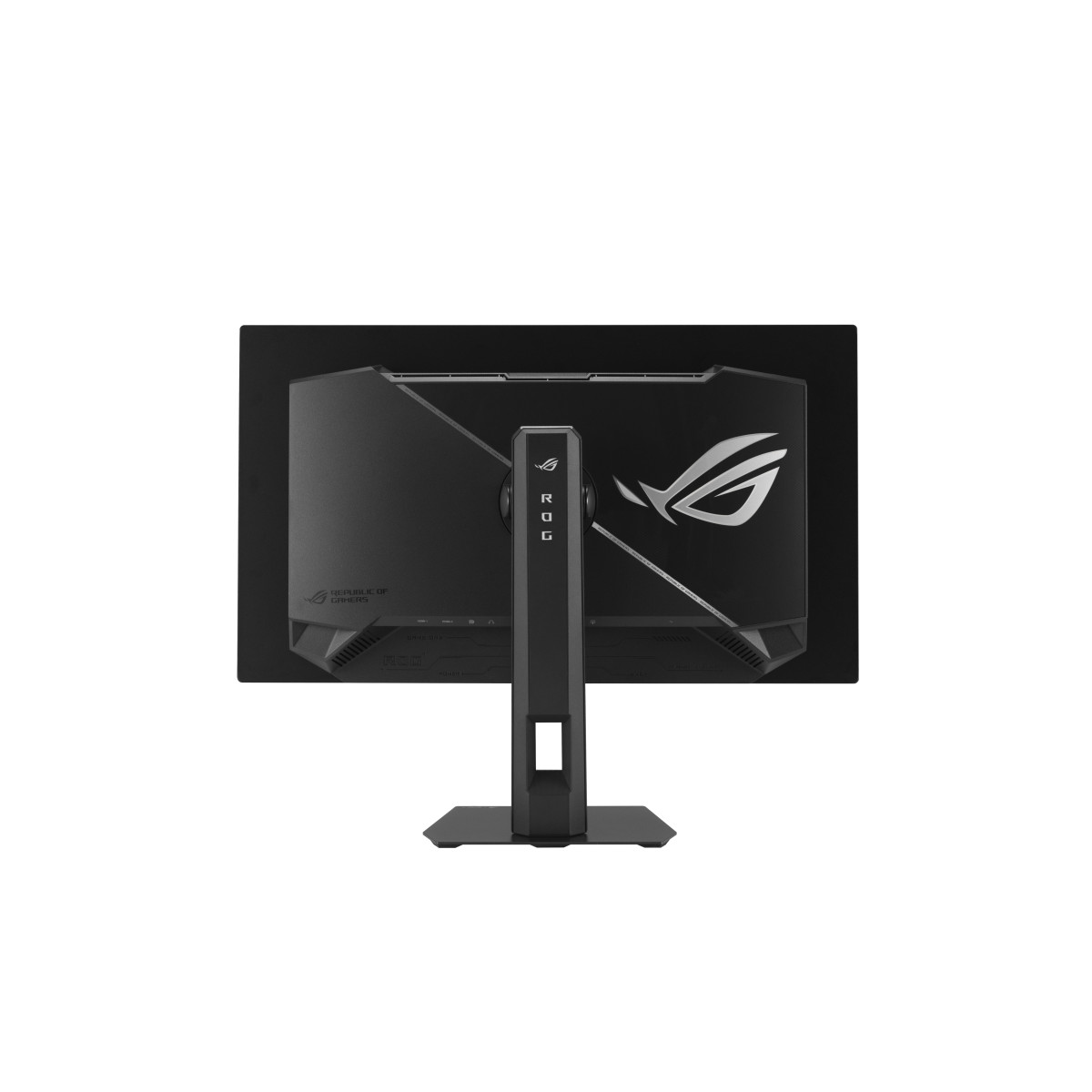 Back view of a black monitor with ROG logo and stand.