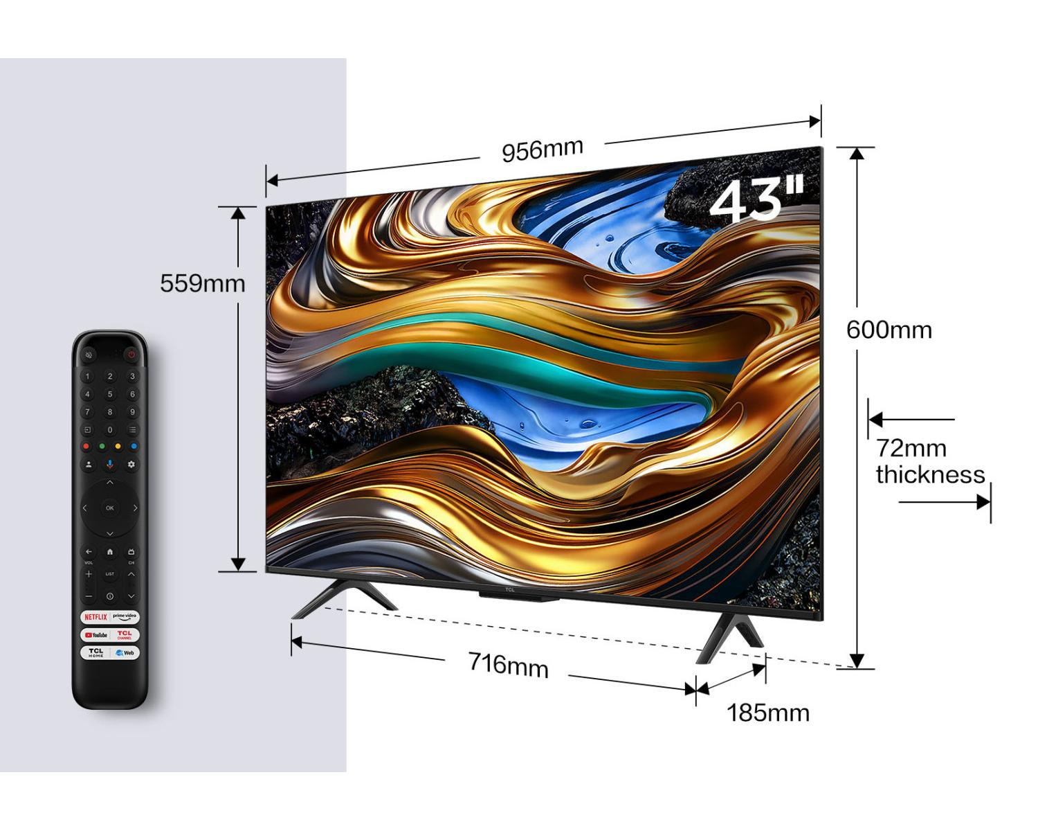 Una TV da 43 pollici con telecomando e dimensioni.